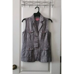 Island Company Womens Blue Gray 100% Linen Sleeveless Safari Style Blouse Vest S